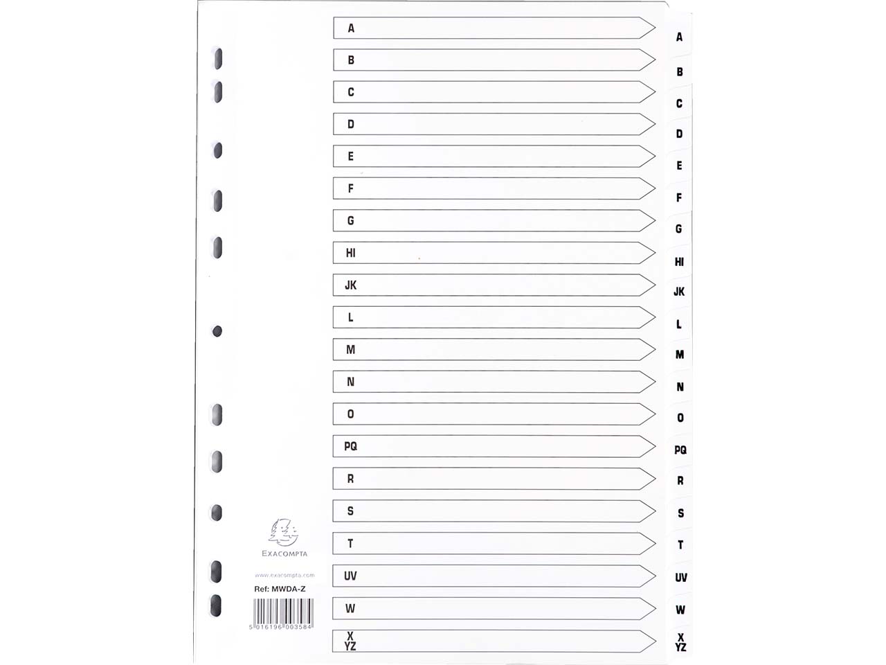 10 Exacompta Register, 20 bedruckte Taben A-Z, 160 g/m², DIN A4, weiß