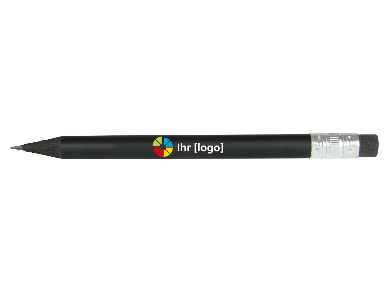 FSC-zert. Bleistift rund schw durchgefärbt, 9,75 cm, mit Radiertip, farbig lackiert
