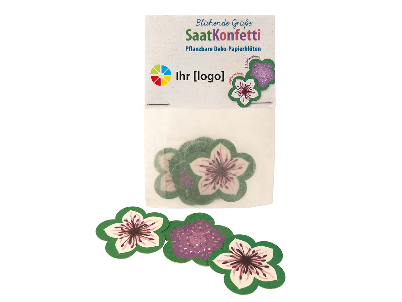 3er Bio-Saatkonfetti 'Blühende Grüße' inkl. 1-4-farbig bedruckter Karte