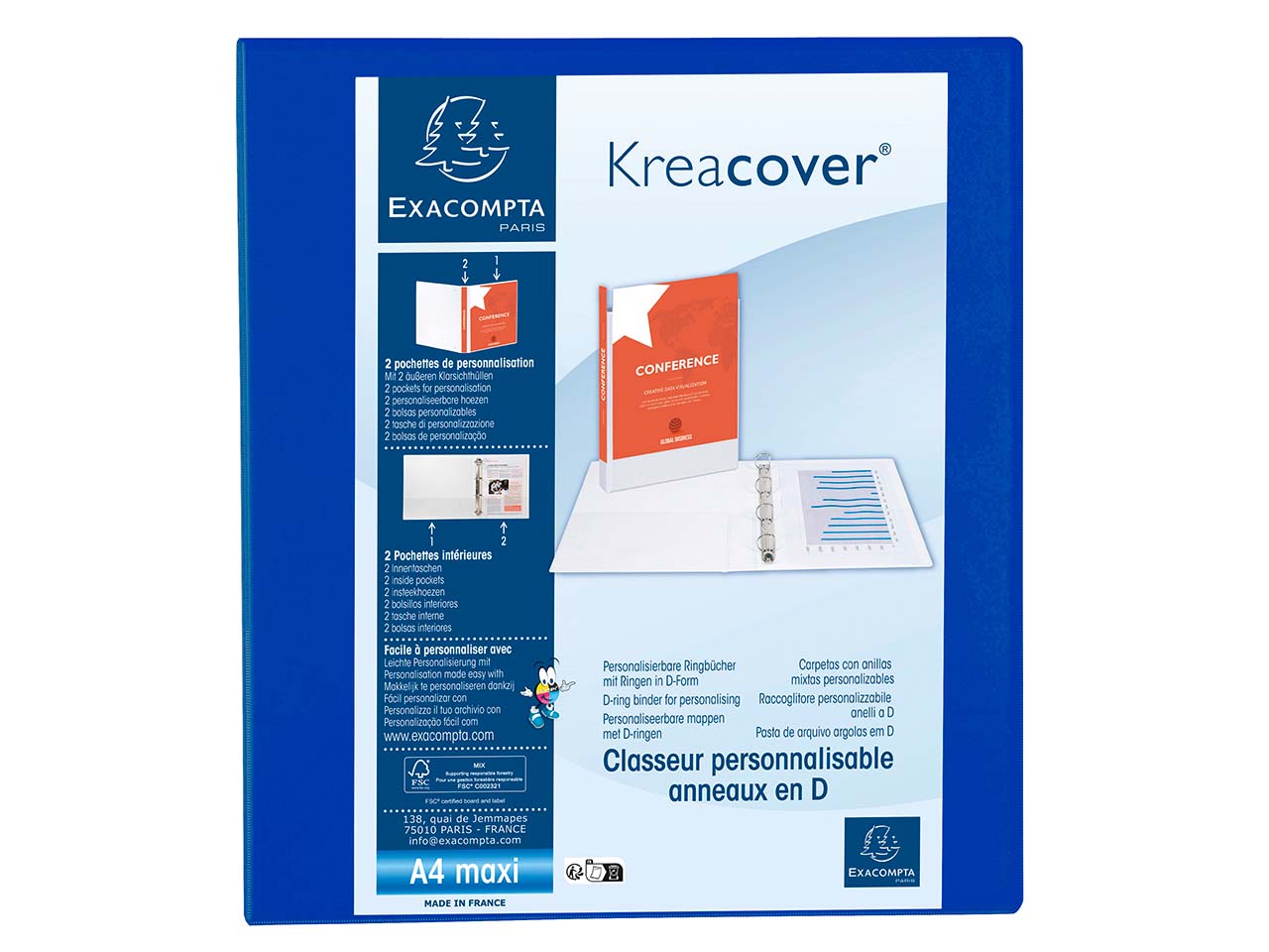 10 Exacompta Ringbücher "Kreacover", DIN A4 Maxi, 4 Ringe 50 mm, RB 75 mm, blau