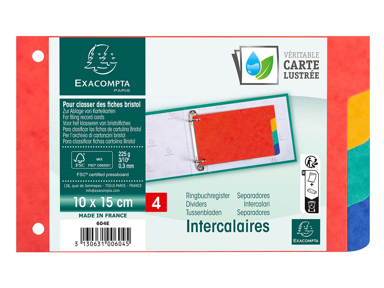 10 Exacompta Register aus Colorspan, 4 Taben, 225 g/m², 100x150 mm, farbig sortiert