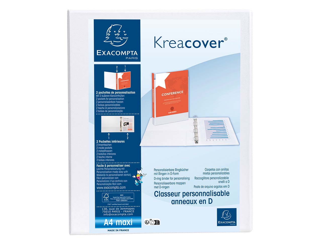 10 Exacompta Ringbücher "Kreacover", DIN A4 Maxi, 2 Ringe 30 mm, RB 47 mm, weiß