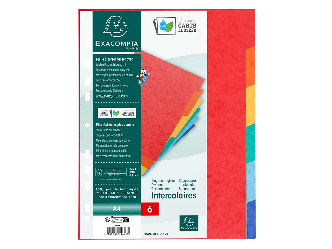 50 Exacompta Register, Colorspan-Karton, 6 Taben neutral, 225 g/m², DIN A4, sortiert