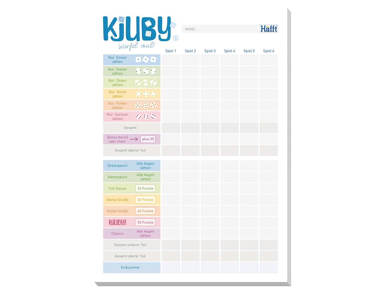Häfft Spieleblock "Kjuby - Würfel mal!" DIN A5, 50 Blatt, 100 g/m²