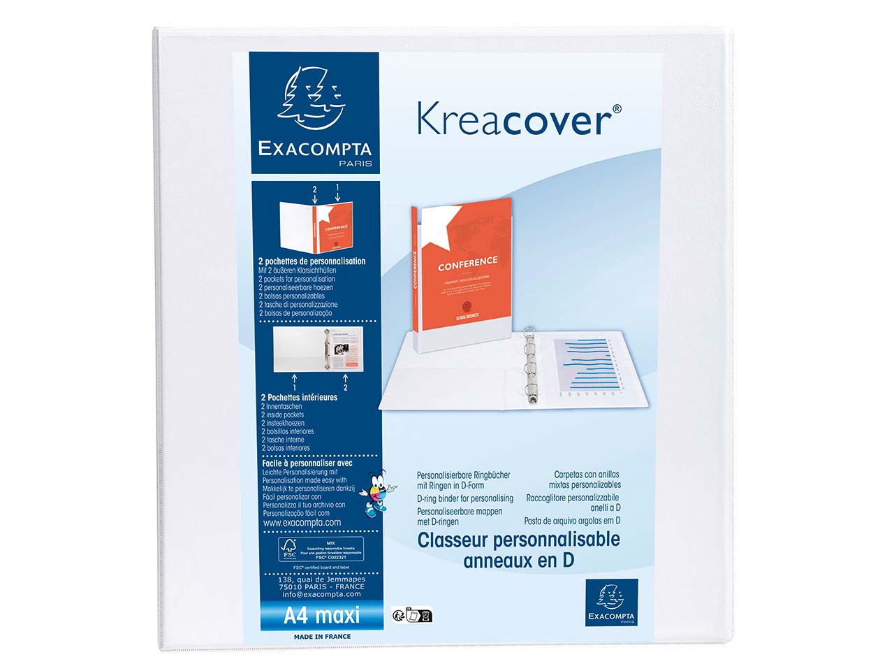 10 Exacompta Ringbücher "Kreacover", DIN A4 Maxi, 2 Ringe 60 mm, RB 90 mm, weiß