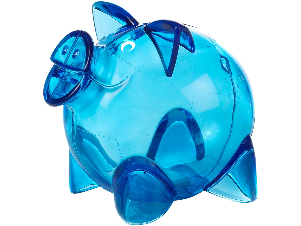 Sparschwein "Big Happy" inkl. 1-farbig seitlichem Aufdruck, blau transparent