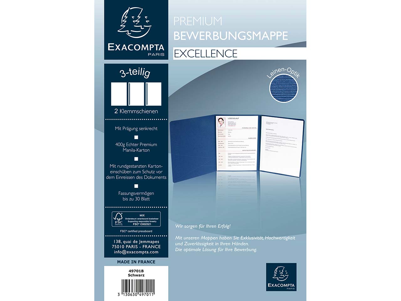10 Exacompta Bewerbungsmappen "Excellence", Prägung, 400 g/m², DIN A4, 2 Klemmsch.,schwarz