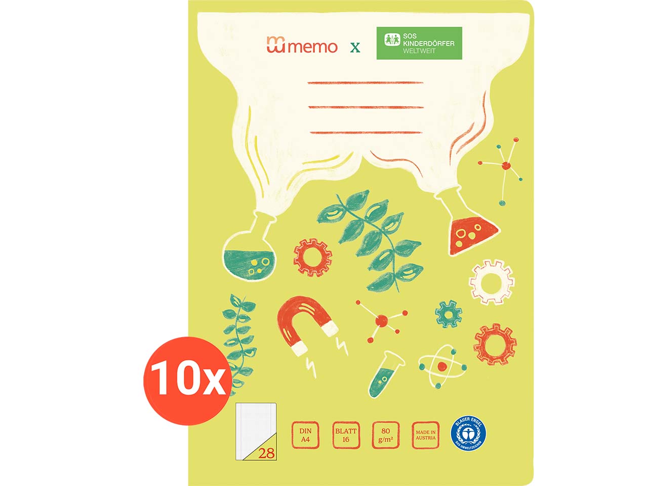 10er Pack memo x SOS-Kinderdörfer weltweit Schulheft DIN A4, 16 Blatt, Lin. 28