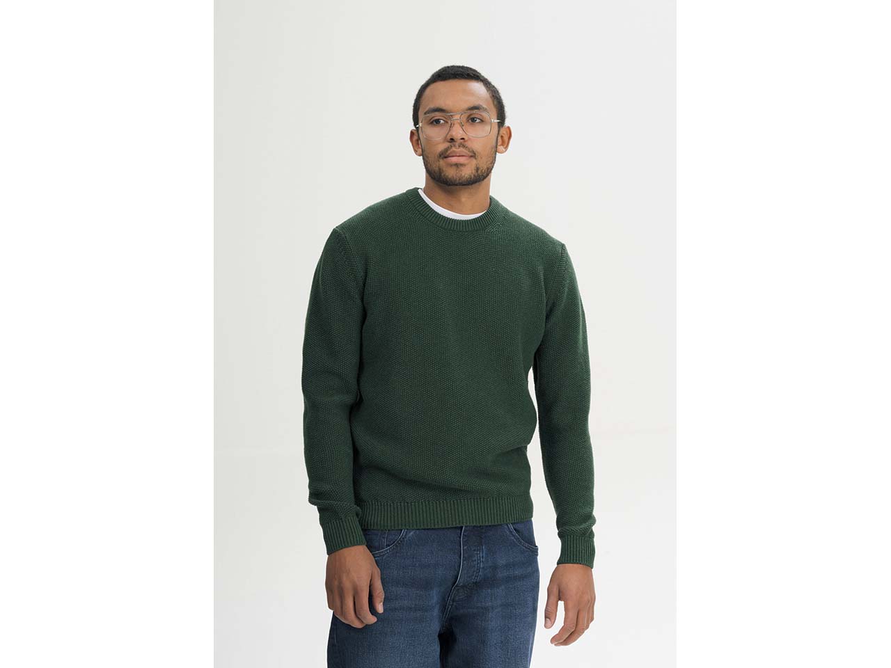MELA Bio-Herren-Strickpullover 'VAREEN' mit Perlstrickstruktur, deep forest melange, Gr. M