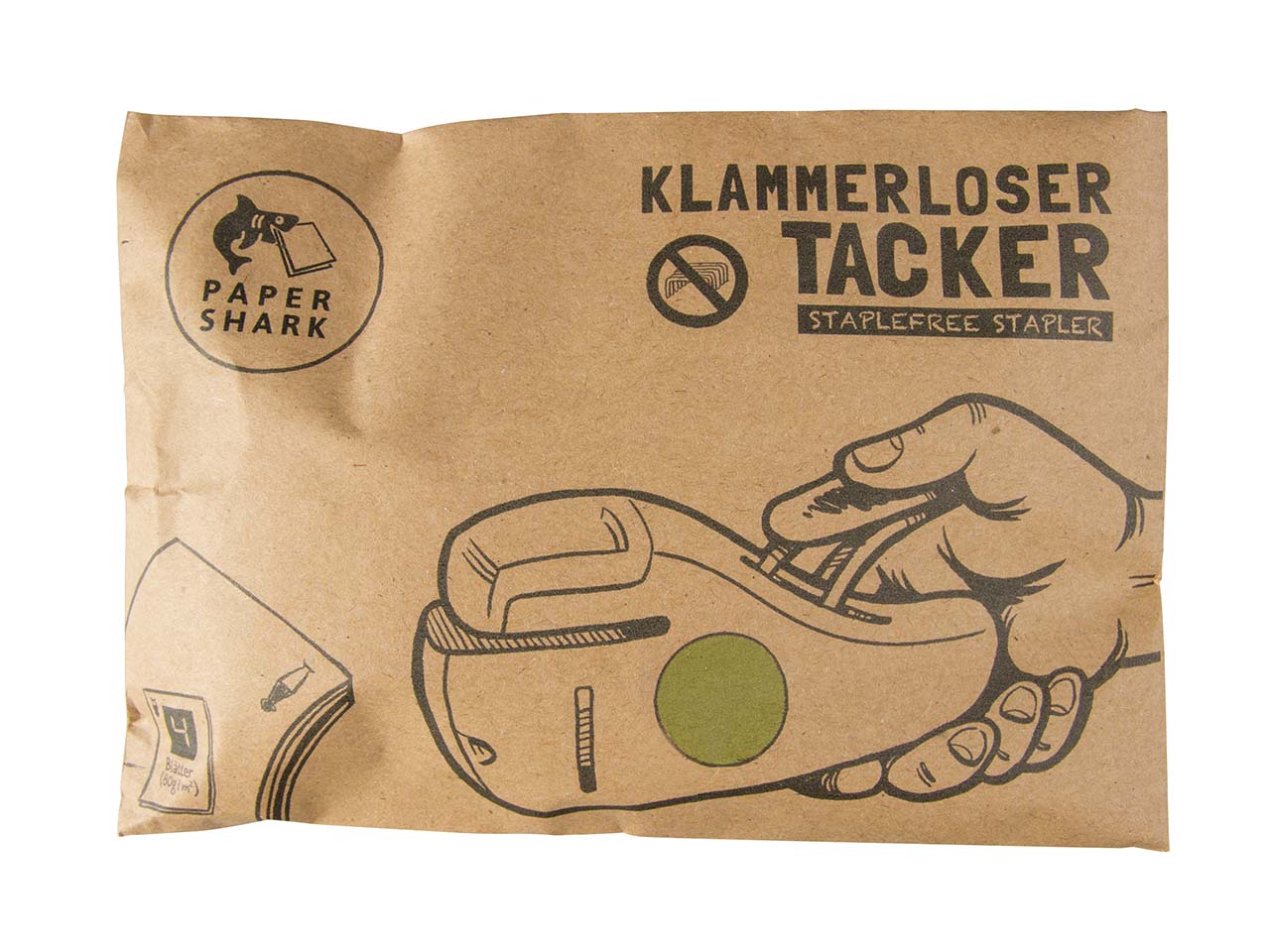 Klammerloser Tacker "Paper Shark" 4 Blatt, grün