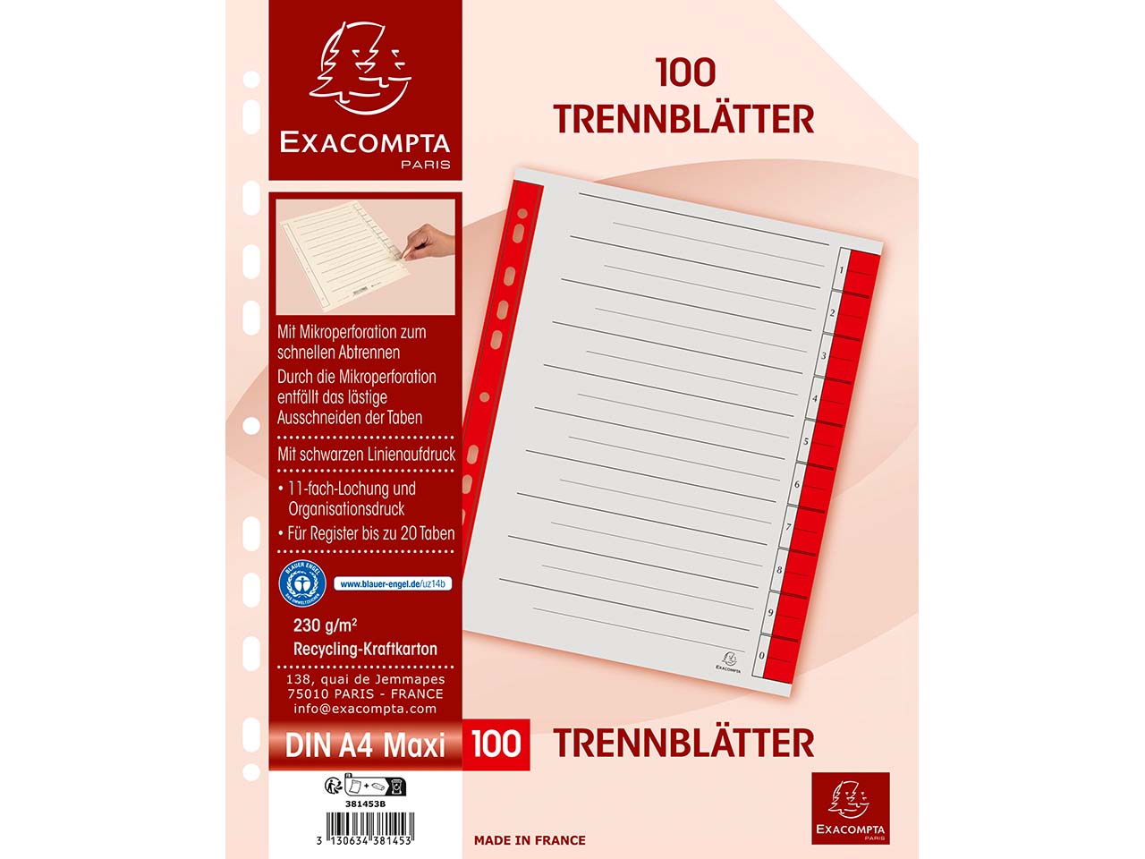 100 Exacompta Trennblätter, mikroperforiert, 230 g/m², DIN A4 Maxi, rot