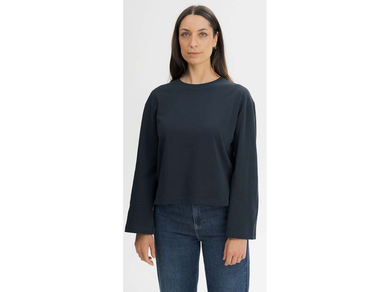 MELA Bio-Damen-Oversized-Langarmshirt 'SANGEETHA' mit Seitenschlitzen, navy, Gr. S