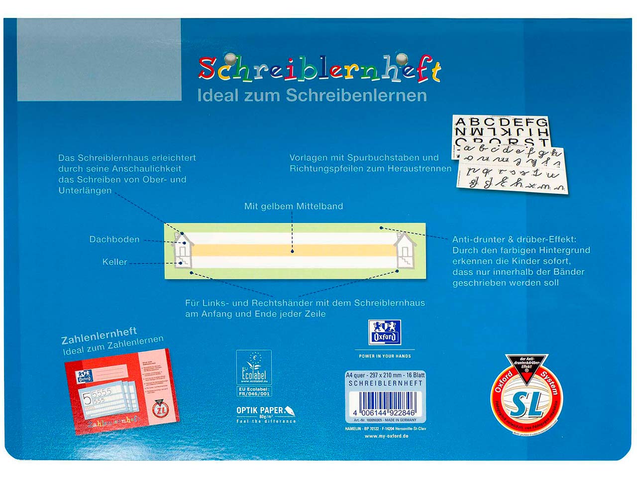 OXFORD Schreiblernheft DIN A4 quer, 16 Blatt, Lineatur SL (liniert), 80 g/m²