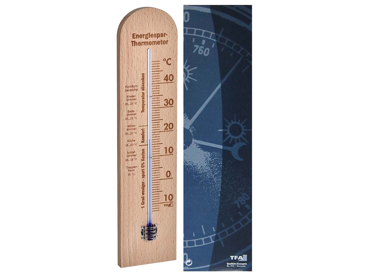 Energiespar-Thermometer für den Innenbereich aus Buchenholz, mit neutraler Skalierung