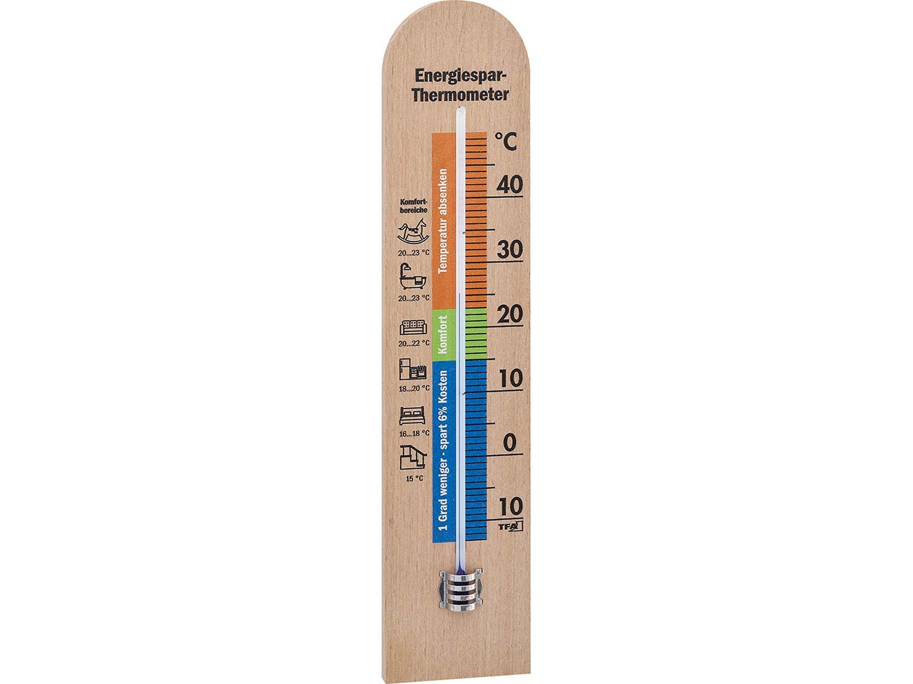 Energiespar-Thermometer für den Innenbereich aus Buchenholz, mit bunter Skalierung