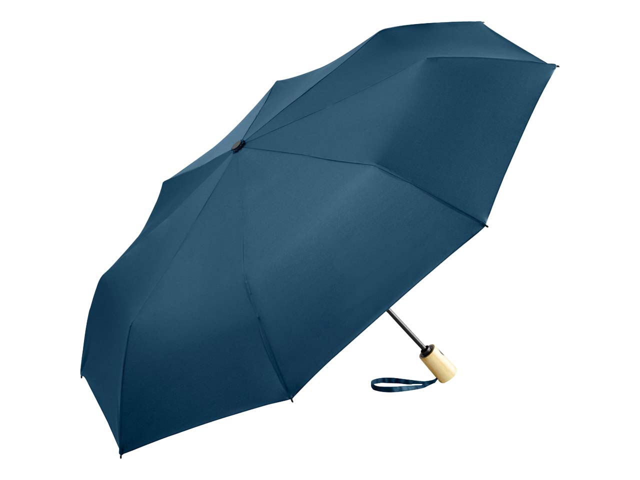 Taschenschirm 'ÖkoBrella' marine mit Recycling-Polyester-Bezug und Holzgriff