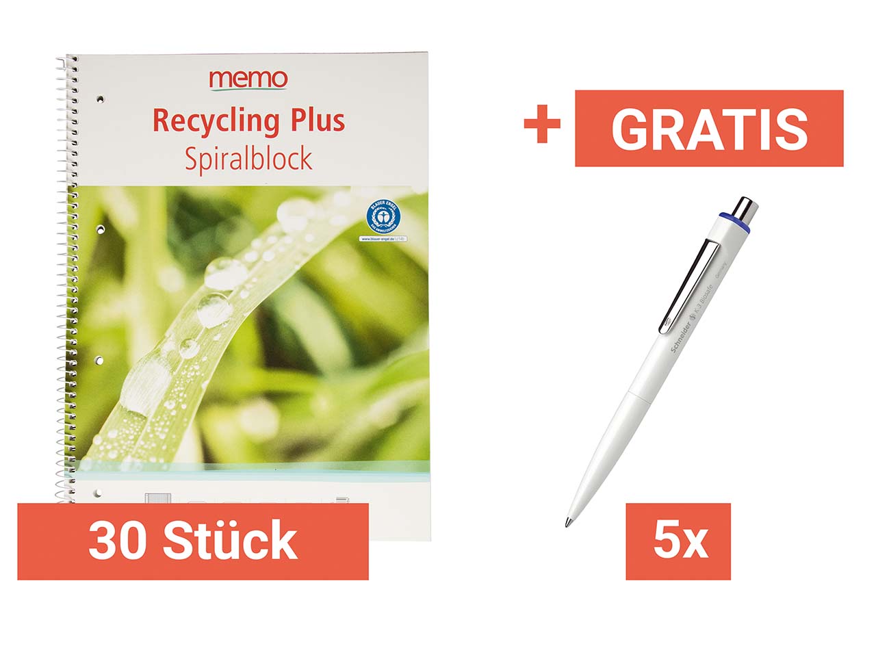30 Stk. memo Spiralo A4 kariert 80 Blatt RC-plus+Gratis 5 Stk. Schneider 'K3 Biosafe' blau