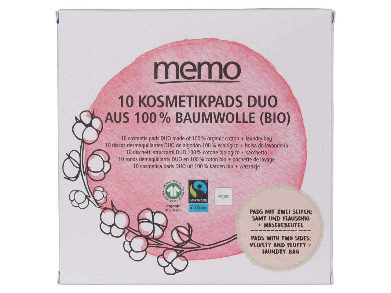 24 Pack à 10er-Pack memo Bio-Baumwoll-Kosmetikpads DUO im Display