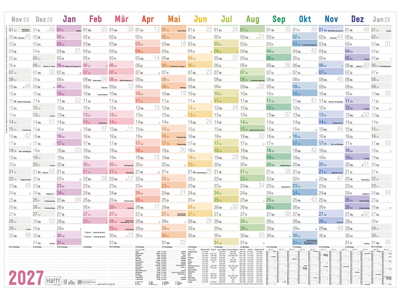 Häfft Wandkalender 2027, DIN A1+, 89 x 63 cm, rainbow