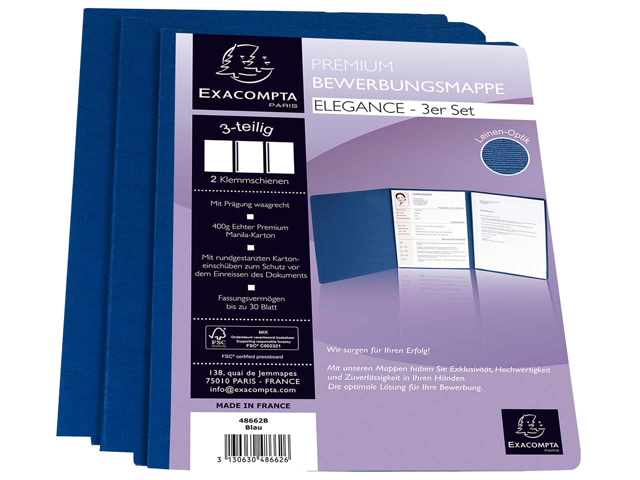 15 Exacompta Bewerbungsmappen "Elegance", 400 g/m², DIN A4, 3-teilig, blau