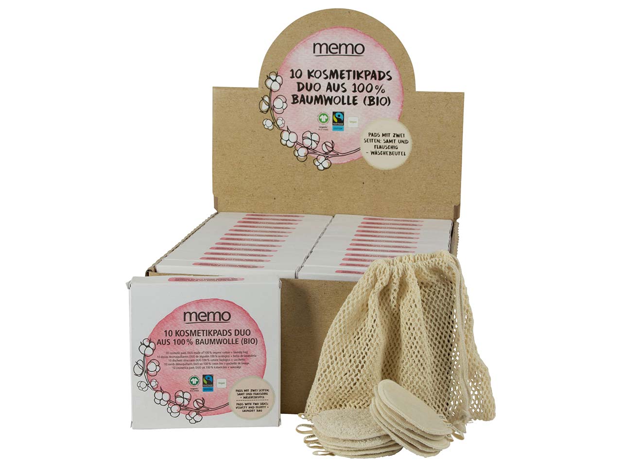 24 Pack à 10er-Pack memo Bio-Baumwoll-Kosmetikpads DUO im Display