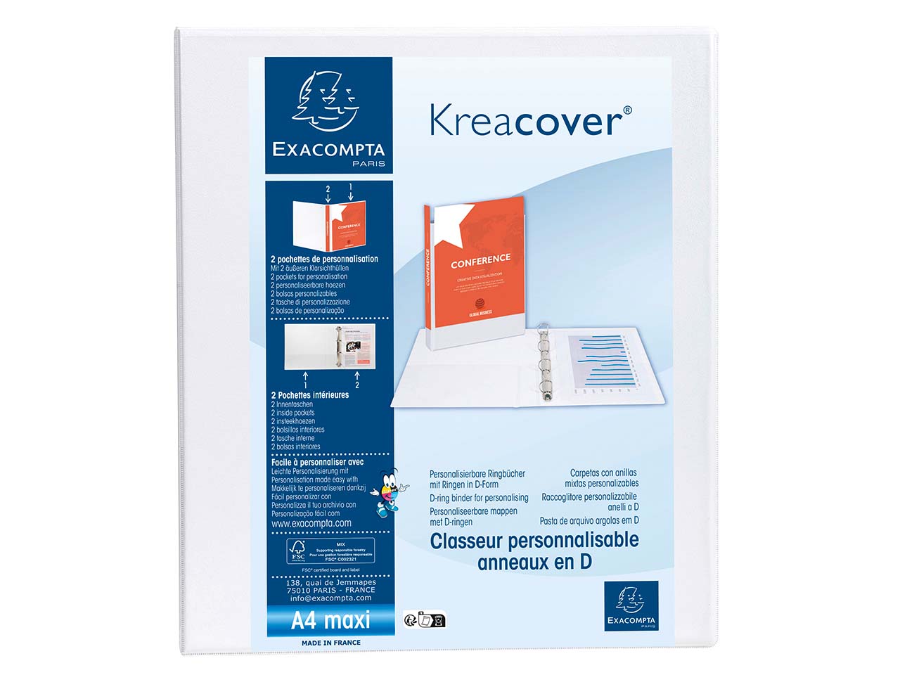 10 Exacompta Ringbücher "Kreacover", DIN A4 Maxi, 4 Ringe 40 mm, RB 64 mm, 2 Taschen, weiß