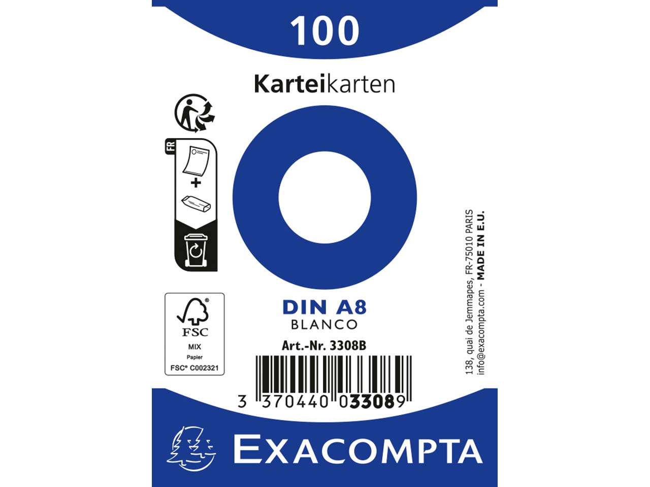 48 x 100 Exacompta Karteikarten, 205 g/m², 55x74 mm, DIN A8, weiß, blanko