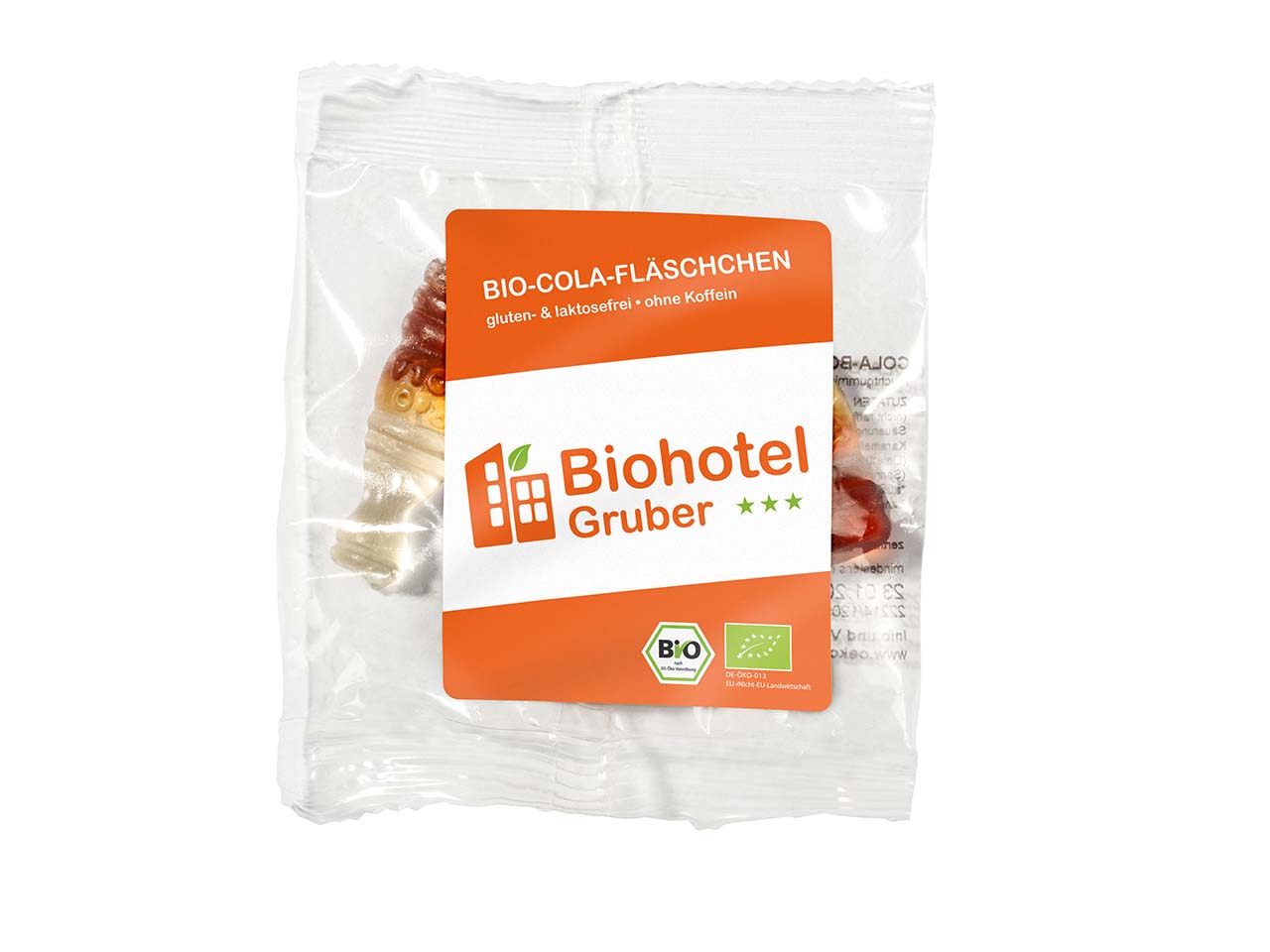 Minitütchen Bio-Cola-Fläschchen , 16g mit 1-4 farbigem Etikettendruck