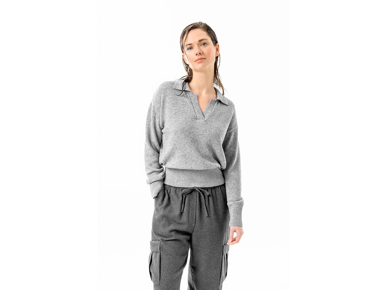 Living Crafts Bio-Damen-Pullover 'ULANA' mit Polokragen, grey melange, Gr. M