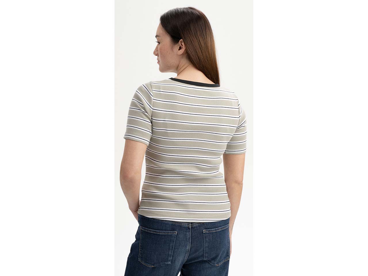 MELA Bio-Damen-Ripp-T-Shirt "JASLEEN" mit Rundhalsausschnitt, dusty green gestreift, Gr. L