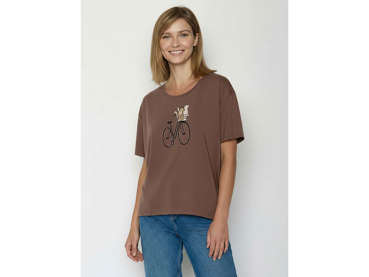 GREENBOMB Bio-Damen-T-Shirt 'Bike Cat Basket 2' weit geschnitten, earthwood, Gr. M