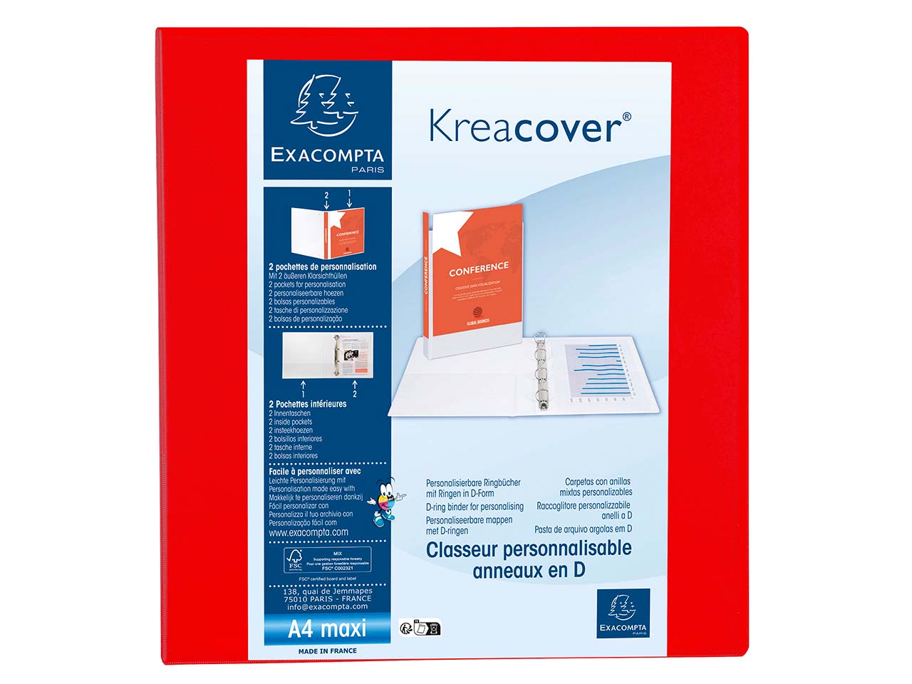 10 Exacompta Ringbücher "Kreacover", DIN A4 Maxi, 4 Ringe 60 mm, RB 90 mm, rot