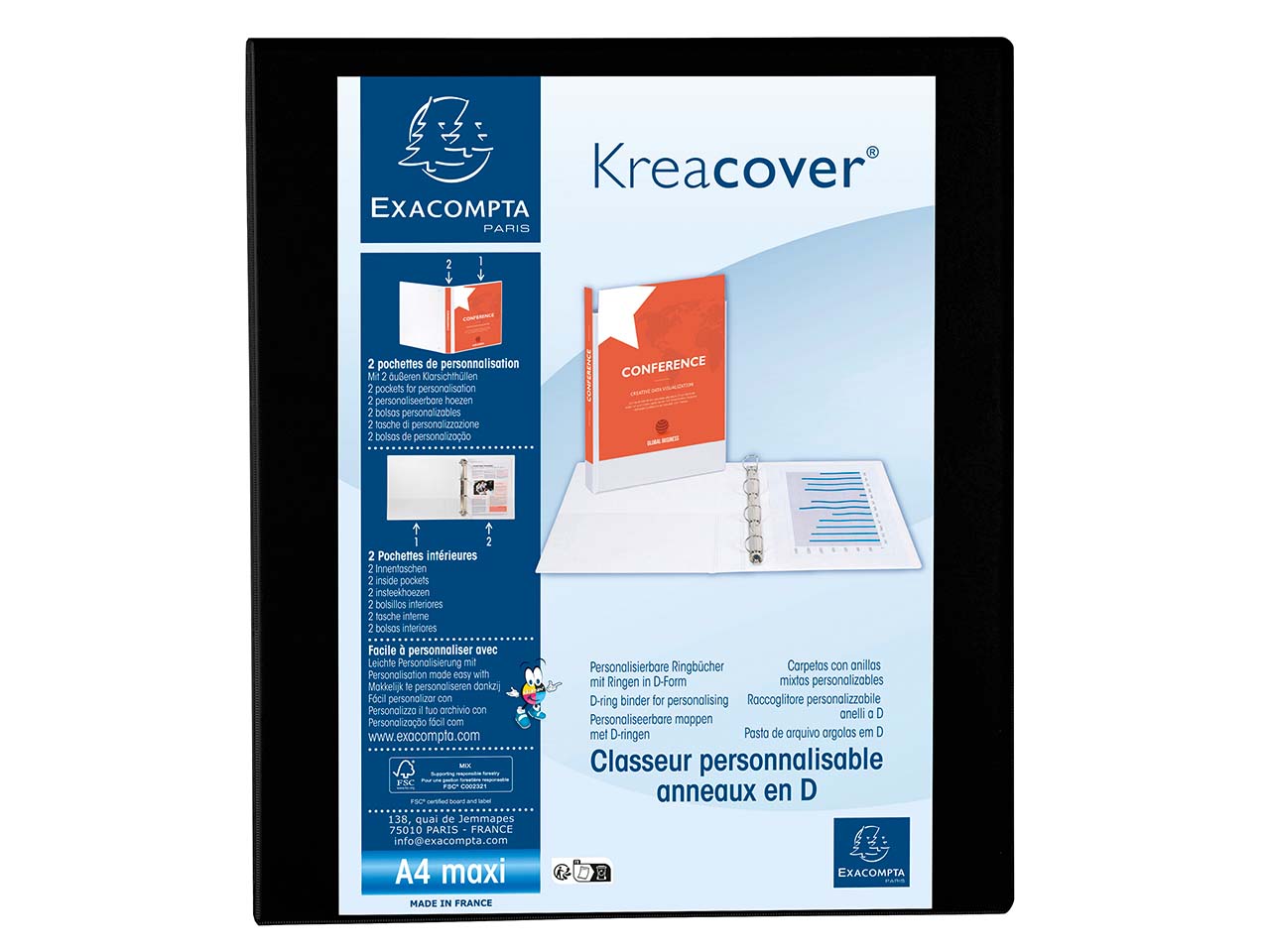 10 Exacompta Ringbücher "Kreacover", DIN A4 Maxi, 4 Ringe 25 mm, RB 47 mm, schwarz