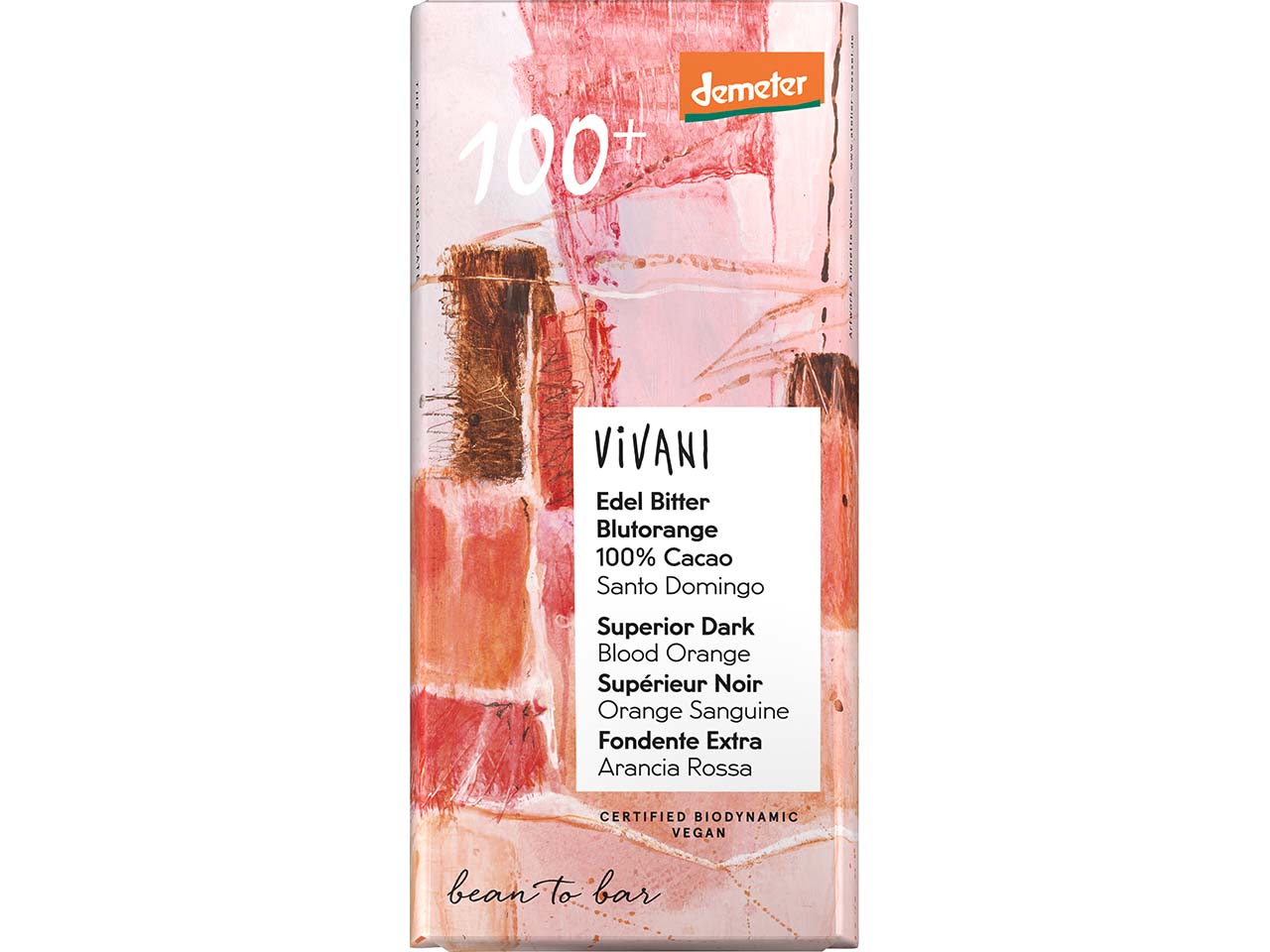 VIVANI Bio-Zartbitter-Schokolade "Edel Bitter" Blutorange 100 % Kakao, vegan, 90 g