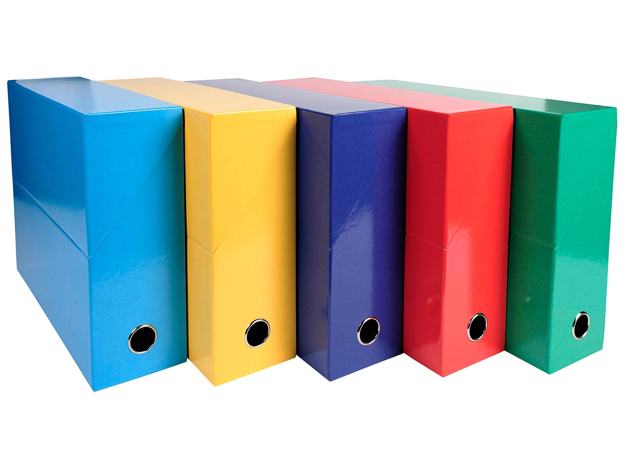 5 Exacompta Archivboxen "Iderama", Griffloch, DIN A4, RB 90 mm, sortiert