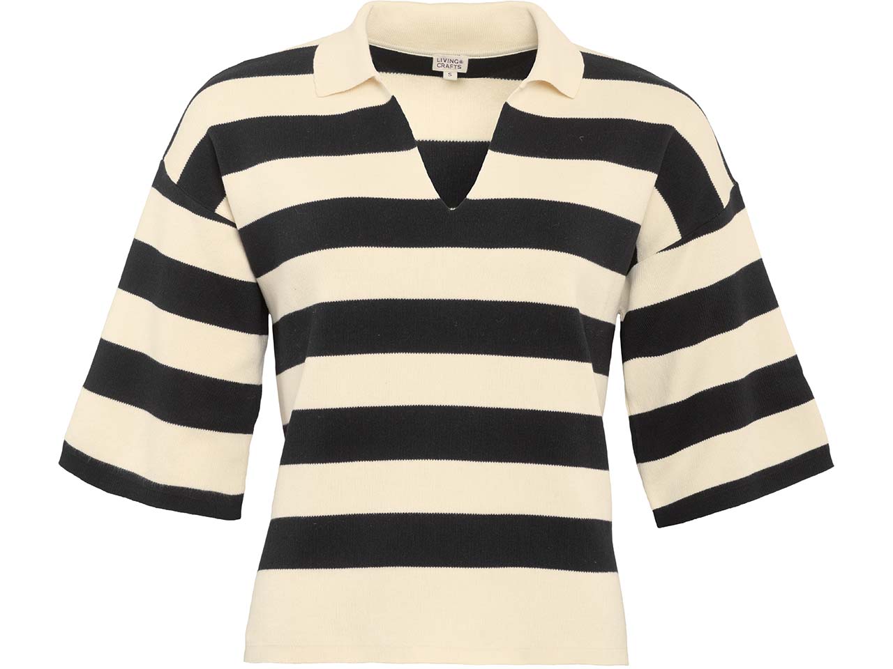 Living Crafts Bio-Damen-Strickpullover "ROMY" mit V-Ausschnitt, sandshell/black, Gr. L