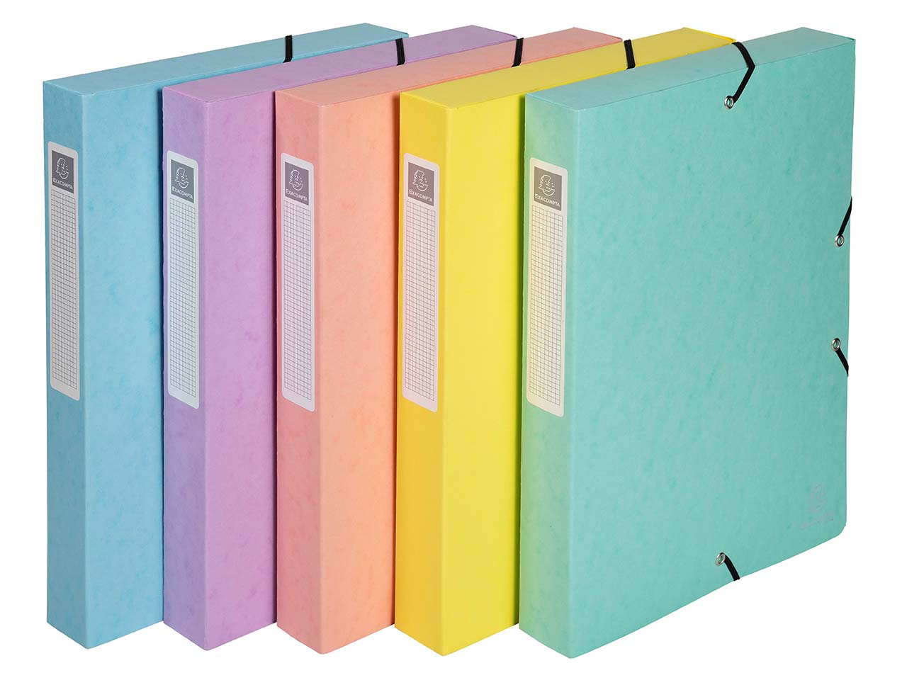 8 Exacompta Archivboxen "NeoDeco", 600 g/m², DIN A4, Gummizug, RB 40 mm, sortiert