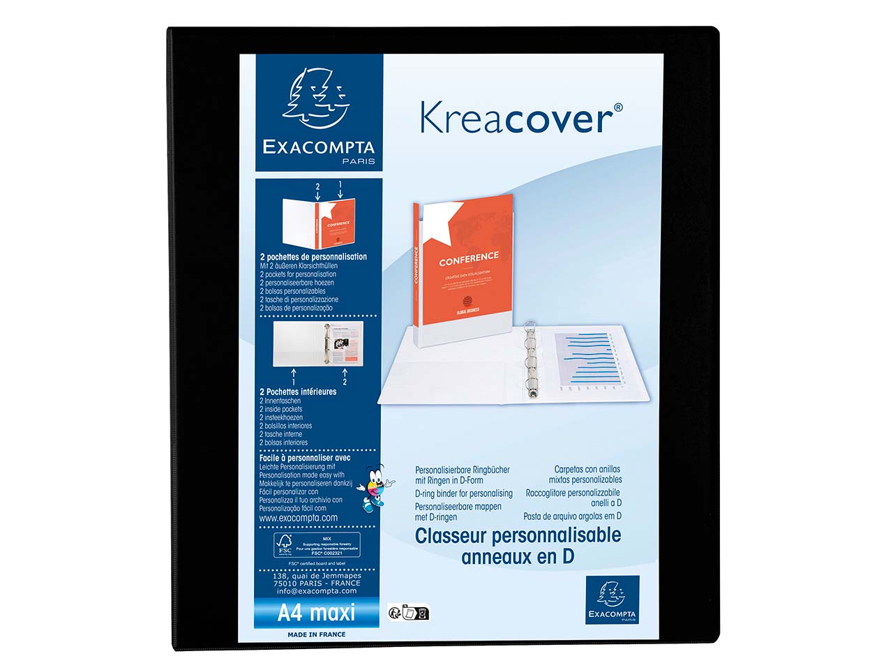 10 Exacompta Ringbücher "Kreacover", DIN A4 Maxi, 4 Ringe 40 mm, RB 64 mm, schwarz
