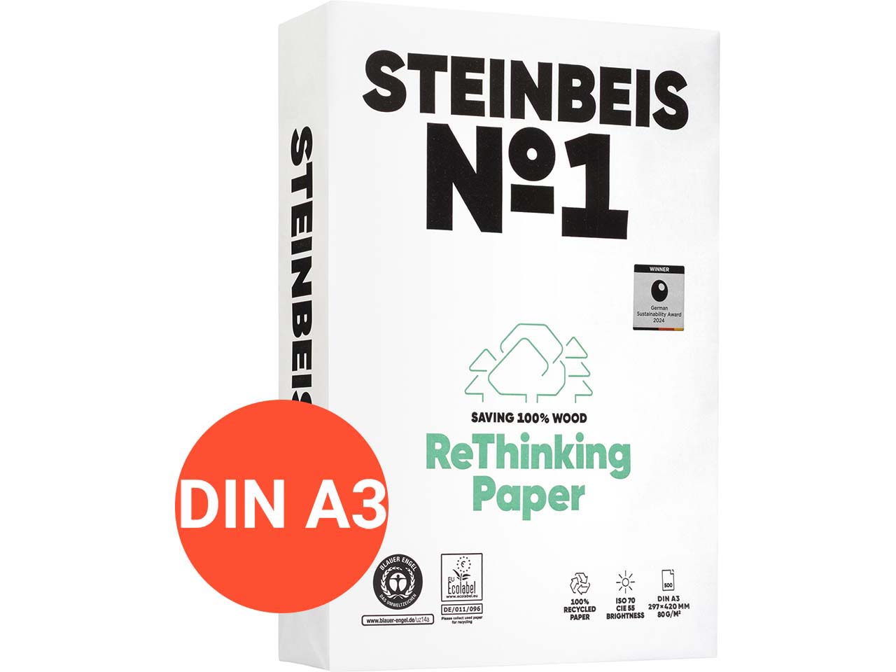 500 Blatt Steinbeis Recycling Kopierpapier "No.1, ClassicWhite" DIN A3