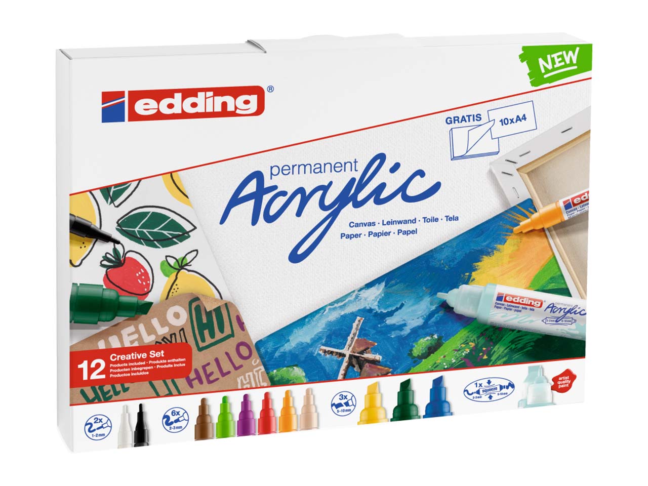 12er Set edding Acrylmarker "Acrylic" Kreativset Basic, farbig sortiert