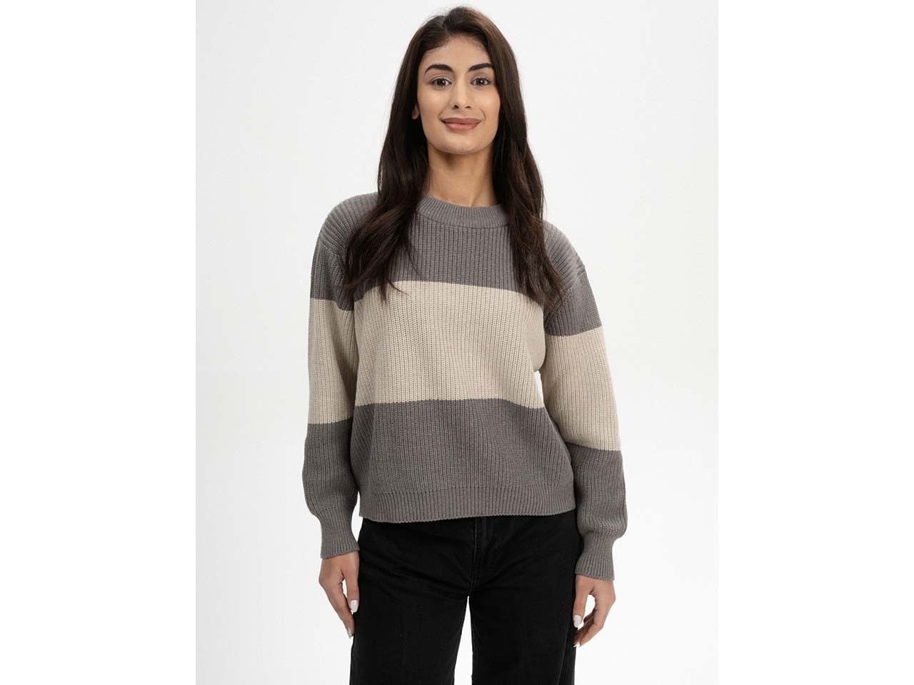 MELA Bio-Damen-Strickpullover 'ADAH' mit Rundhalsausschnitt, bear/kiesel, Gr. S