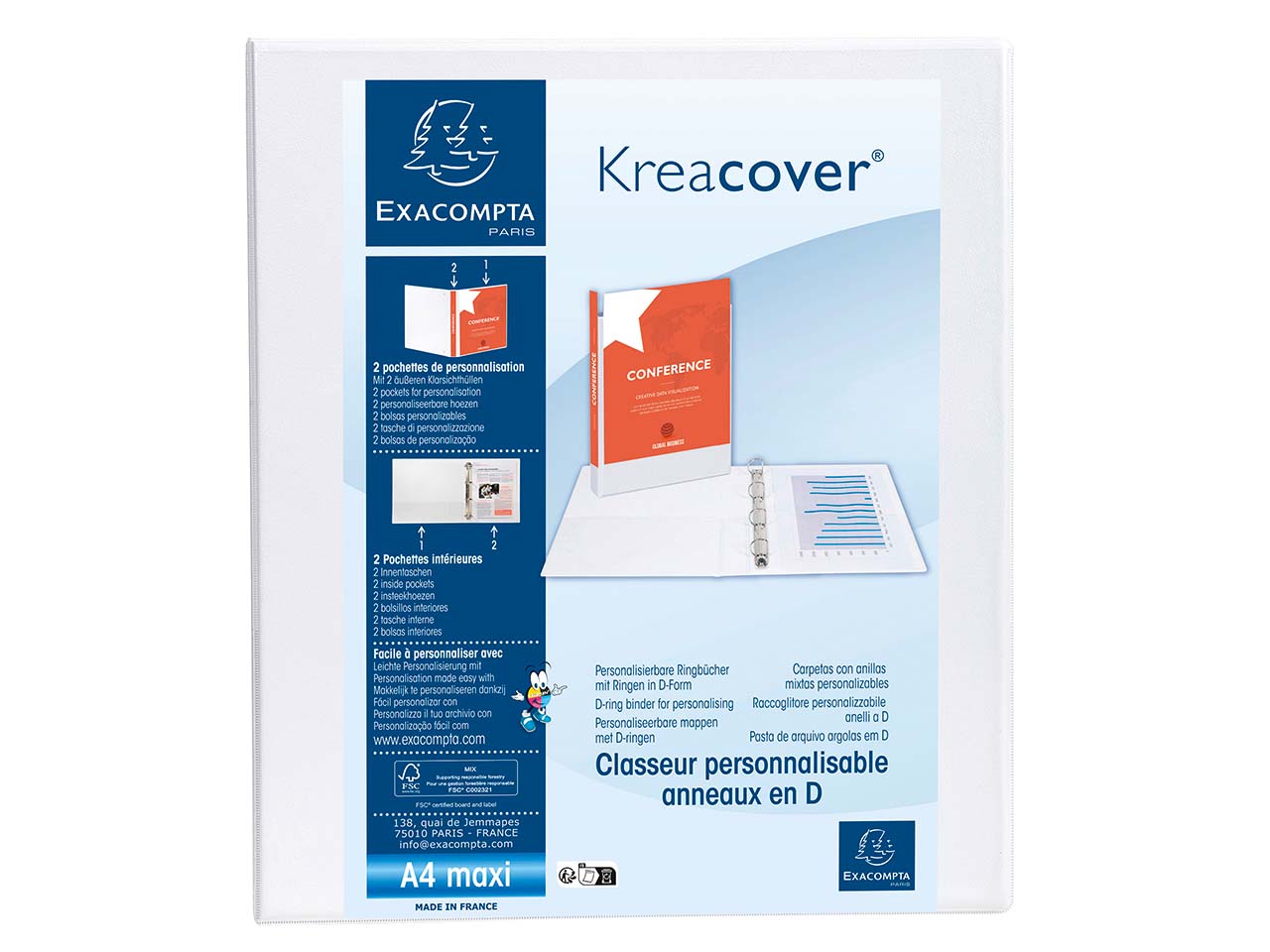 10 Exacompta Ringbücher "Kreacover", DIN A4 Maxi, 4 Ringe 25 mm, RB 47 mm, weiß