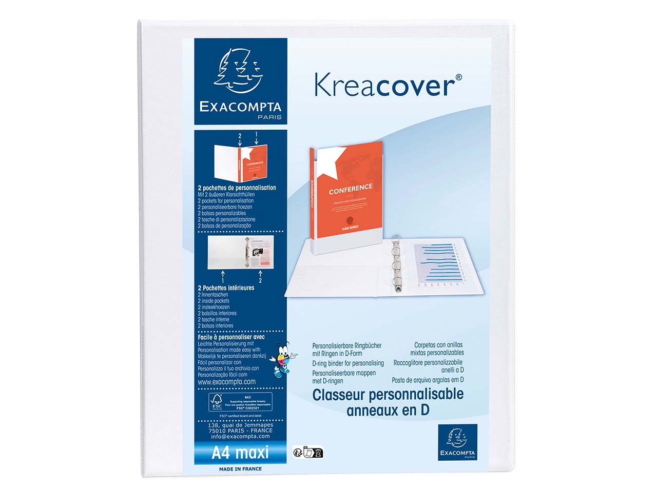 10 Exacompta Ringbücher "Kreacover", DIN A4 Maxi, 4 Ringe 25 mm, RB 47 mm, 2 Taschen, weiß