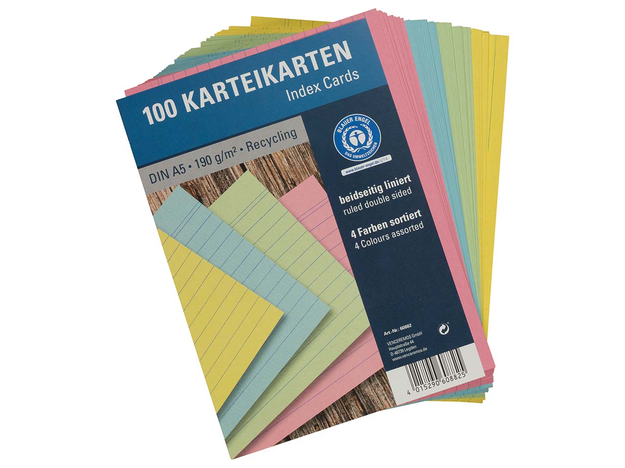 100 Karteikarten aus Recyclingkarton 190 g/m² DIN A5, farbig sortiert