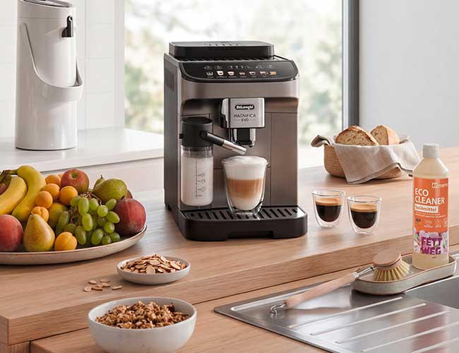 Küche mit Kaffeemaschine, Obstteller, Pumpkanne, Spülmittel und anderen nützlichen Dingen für die Cafeteria
