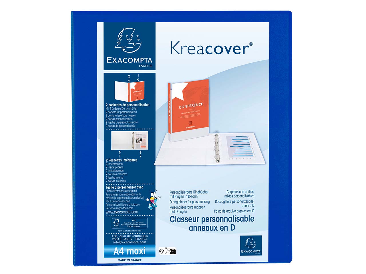 10 Exacompta Ringbücher "Kreacover", DIN A4 Maxi, 4 Ringe 25 mm, RB 47 mm, blau