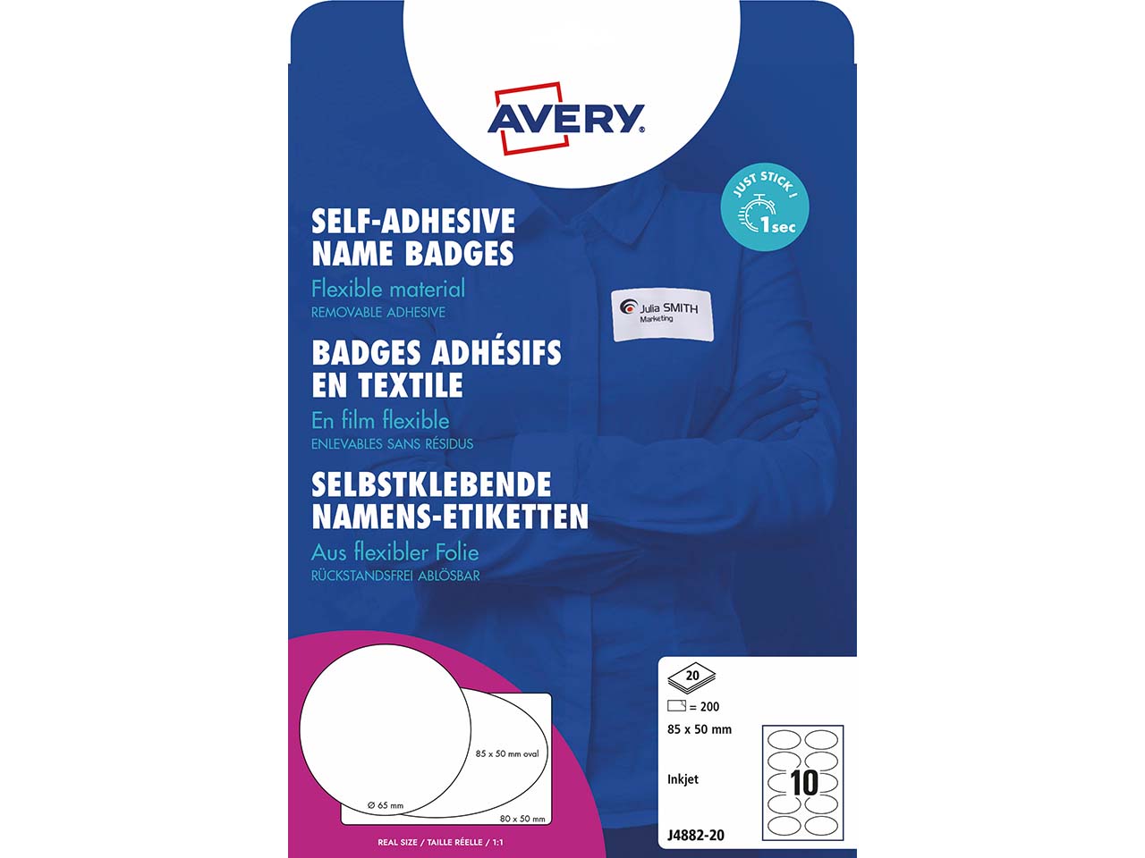 Avery Zweckform Selbstklebende Namens-Etiketten Inkjet "J4882" 200 Stk. oval 85x50mm, weiß