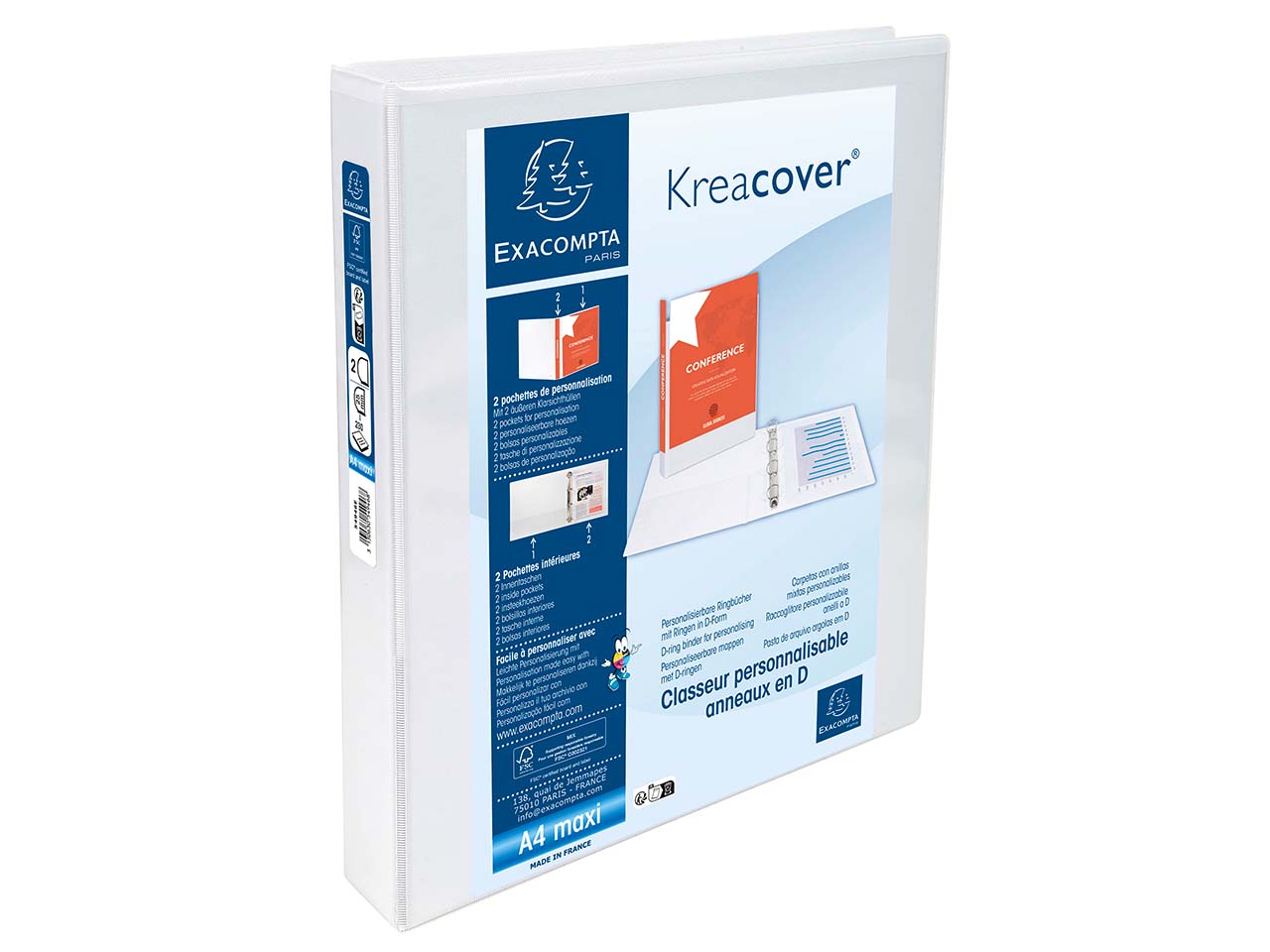 10 Exacompta Ringbücher "Kreacover", DIN A4 Maxi, 2 Ringe 25 mm, RB 47 mm, 2 Taschen, weiß