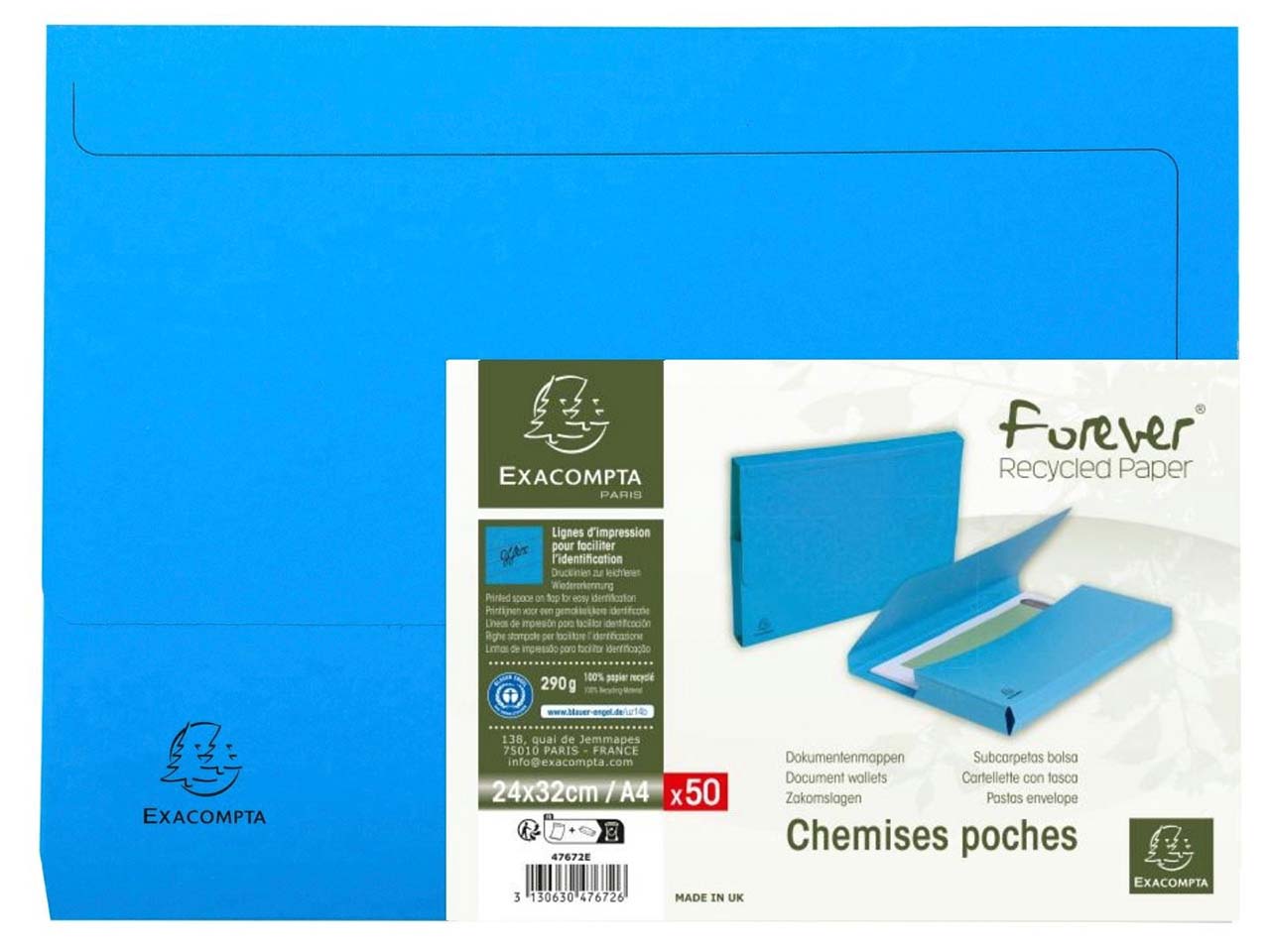 100 Exacompta Aktenmappen "Forever" mit Verschlusskappe, 290 g/m², DIN A4, hellblau