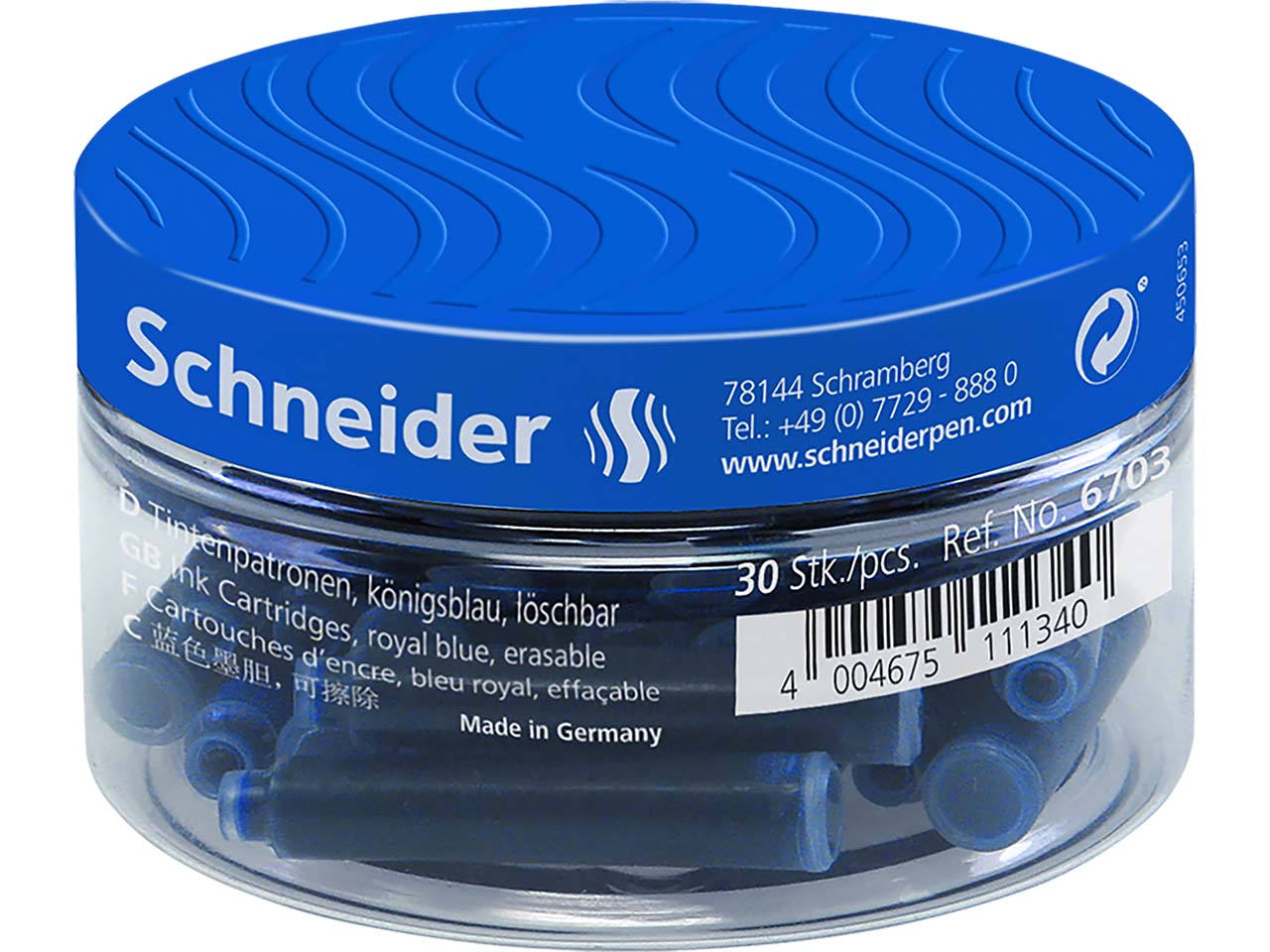 Schneider 30er-Pack Standard-Tintenpatronen in Runddose, blau